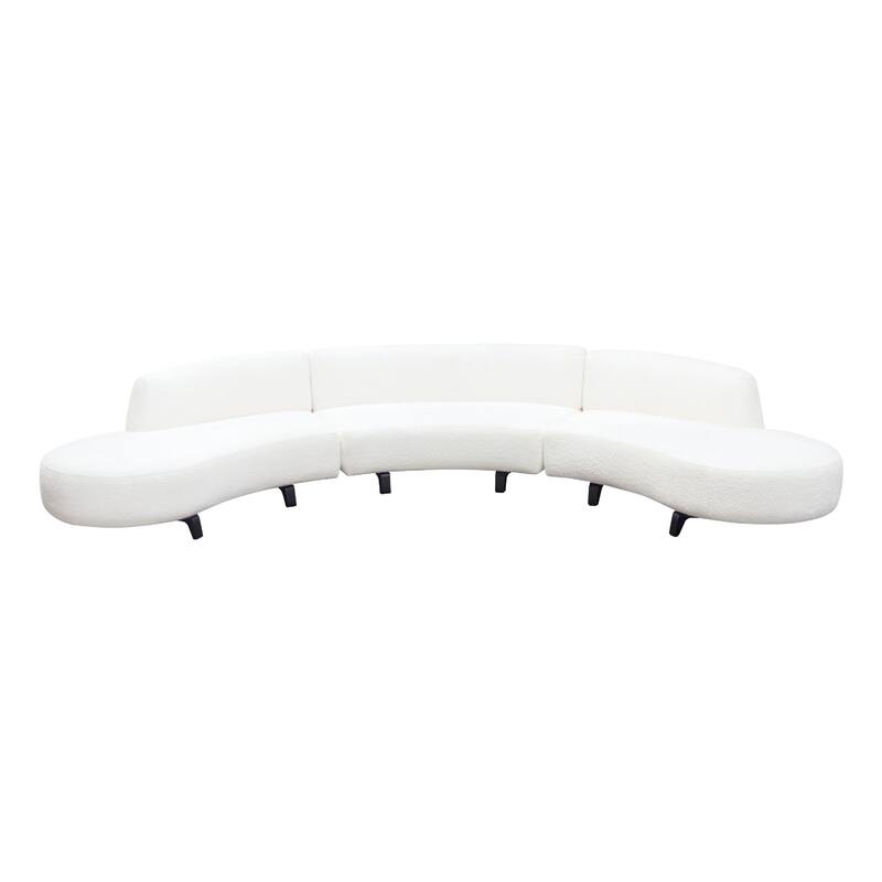 Ikka 3pc Modular Curved Sofa w Chaise, White Faux Shearling, Black Wood