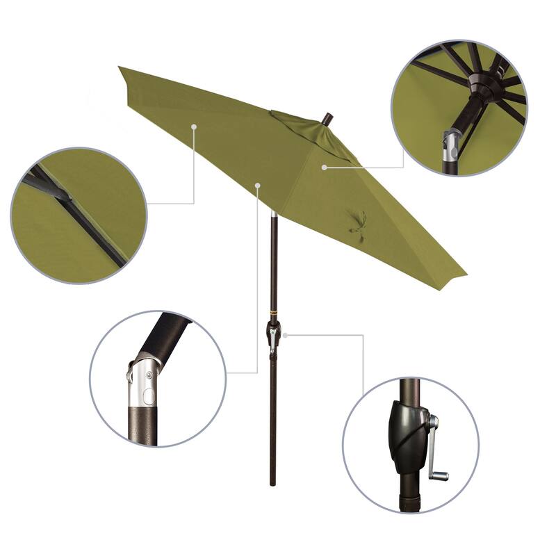 California Umbrella 7.5' Round Crank Lift Push Button Tilt Bronze Aluminum Patio Umbrella with Sunbrella Cilantro Fabric