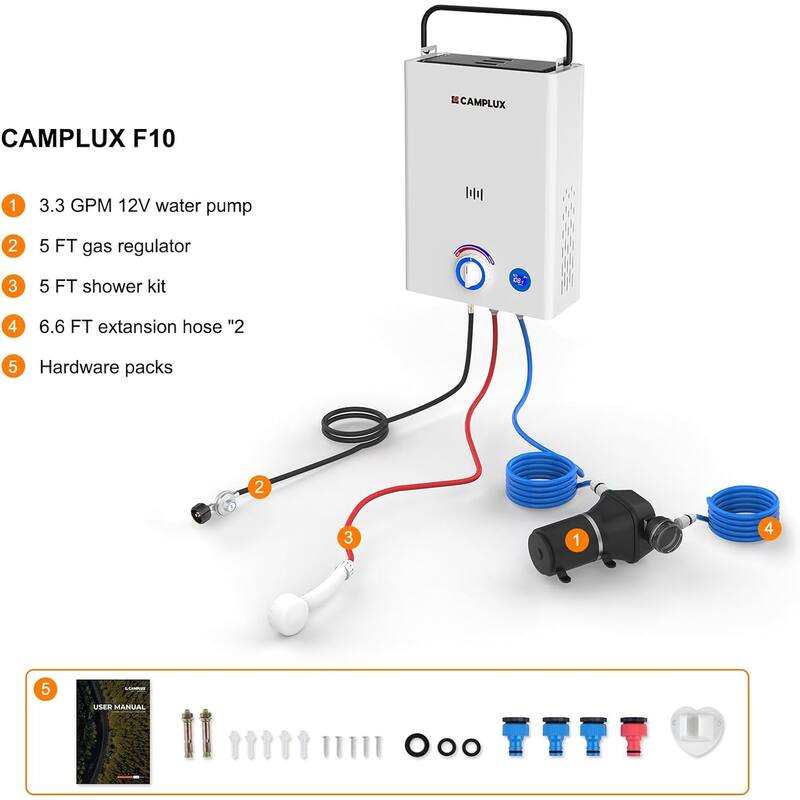CAMPLUX First Series 2.64GPM 68,000 BTU Portable Outdoor Propane Tankless Water Heater with 3.3 GPM Water Pump Kits