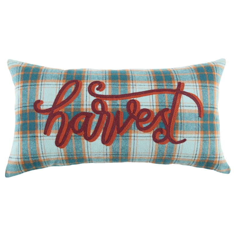 HomeRoots 14" X 14" Blue and Orange Thanksgiving Wool Blend Pillow With Embroidery Edges