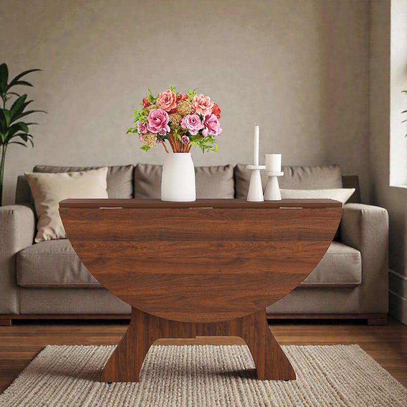 43 Inch Folding Dining Table for Small Spaces, Round MDF Veneer Foldable Kitchen Table with Slim Storage Design