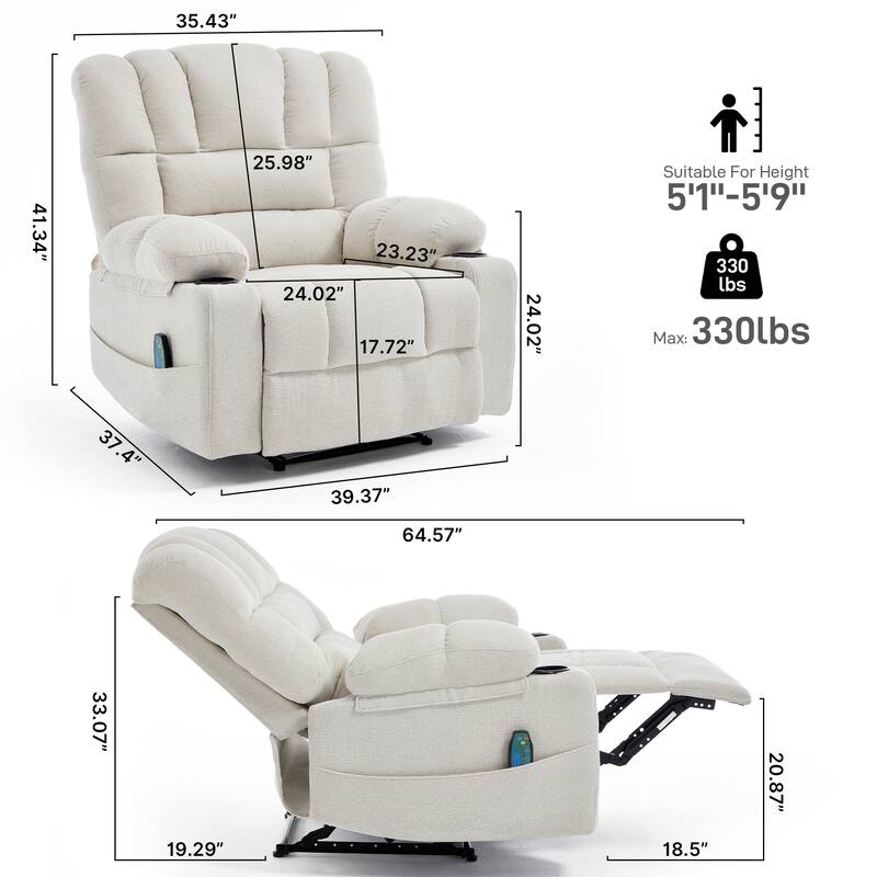 Massage Recliner Chair, Breathable Fabric Ergonomic Single Sofa Chair with Heat and Vibration and Cup Holders & Side Pockets