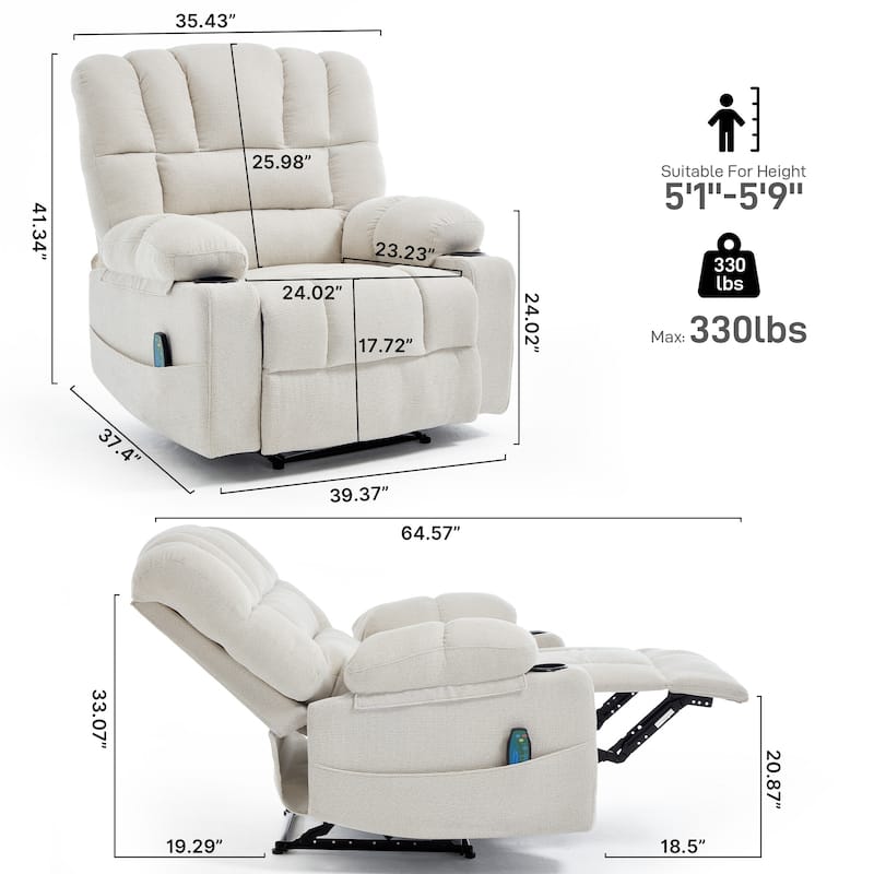 Massage Recliner Chair with Vibration & Heating, Ergonomic Single Sofa Chair, Recliner Chair with Side Pockets & 2 Cup Holders