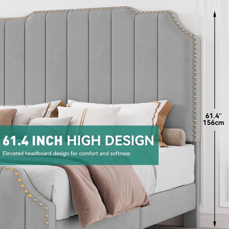 Moasis Queen 61" Flannel Upholstered Headboard Bed Frame