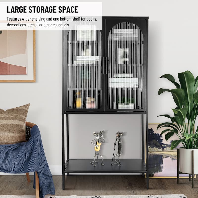 Elegant Floor Cabinet with 2 Glass Arched Doors Living Room Display Cabinet with Adjustable Shelves Anti-Tip Dust-free