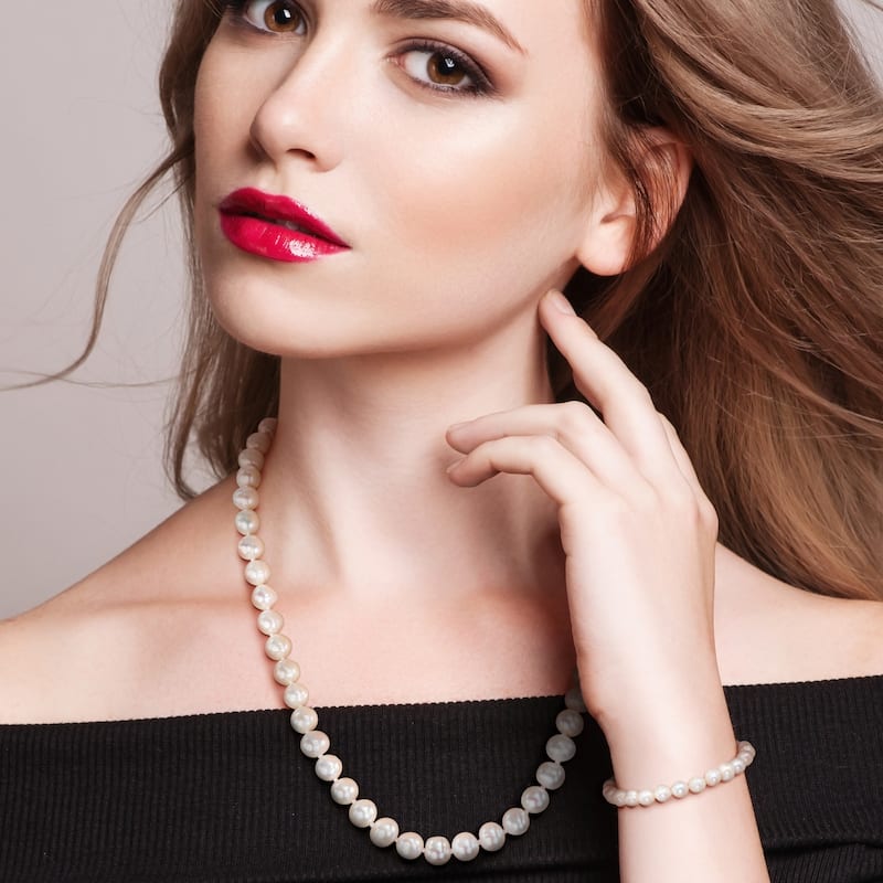 Miadora 8-9mm Cultured Freshwater Pearl Necklace Elastic Bracelet Set Goldtone Ball Clasp - 18 in