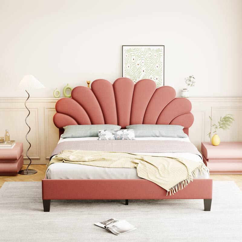 Upholstered Platform Bed with Flower Pattern Headboard - Bean paste red-81.9"L X 64.4"W X 47.4"H