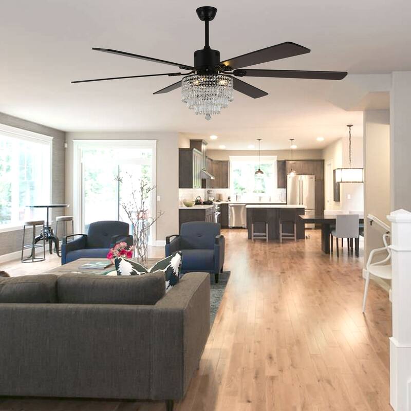 Cusp Barn 65" Ceiling Fan with Light and Remote,Modern Gorgeous Crystal Light Fixture,Silent Reversible Motor Fan Light,6-Speeds