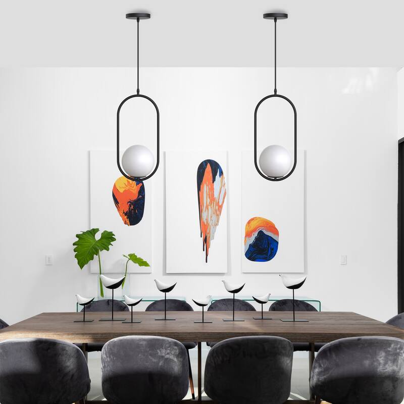 Modern Black Globe Pendant Lighting - 1-Light Hanging Fixture with White Glass Shade for Kitchen, Dining Room, Bedroom