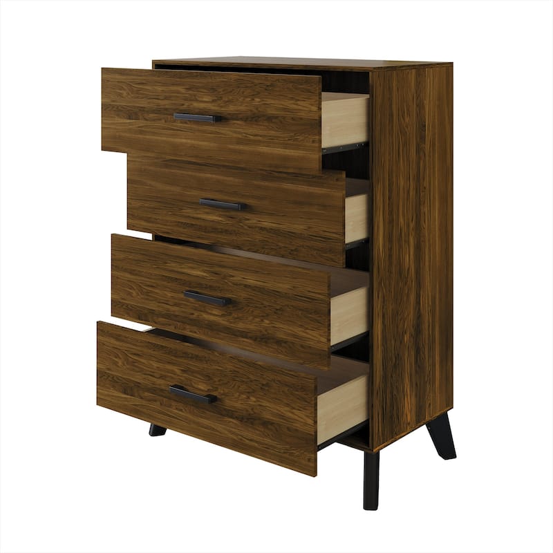 CraftPorch Corduroy 4-pieces Mid-Century Modern Black Bed with Brown Furniture Bedroom Set