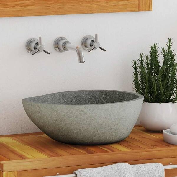 slide 2 of 9, vidaXL Bathroom Basin, (14.6-18.1)x(11.4-14.2)x4.5 Inches, River Stone