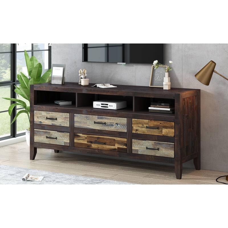 Roomfitters Retro TV Stand for up to 65 Inch TV, Distressed Media Console with 6 Storage Compartments and Shelves