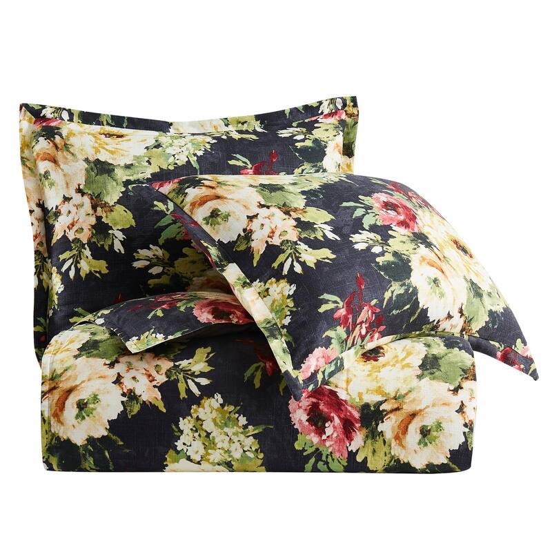 HiEnd Accents Peony Washed Linen Watercolor Floral Bedding Chic Casual 3 Piece Comforter Set