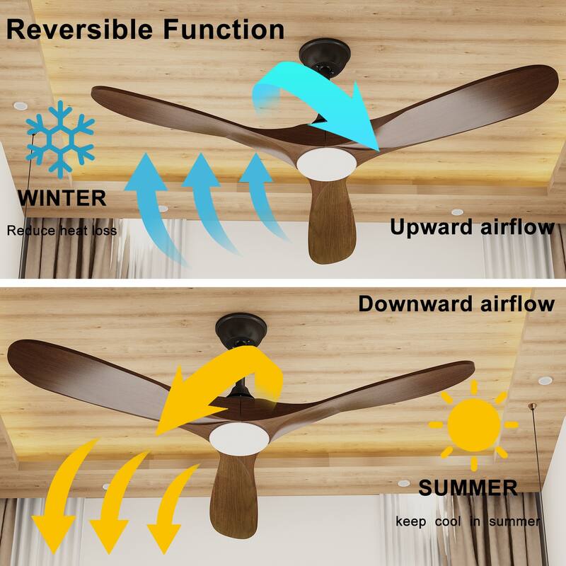 60" LED Light 3-Blades Wood Ceiling Fan with Remote Control, Brown - 60 Inches