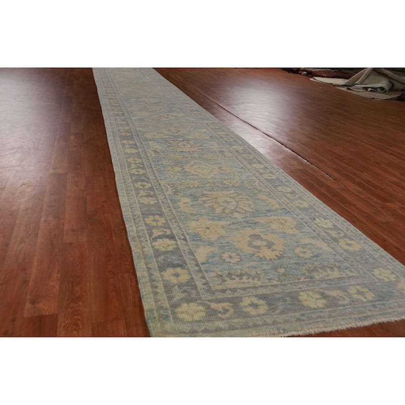 Hand Knotted Oriental 100% Wool Carpet Transitional Floral Navy Blue & Blues Oushak Runner Rug - 20' 2'' X 3' 1''