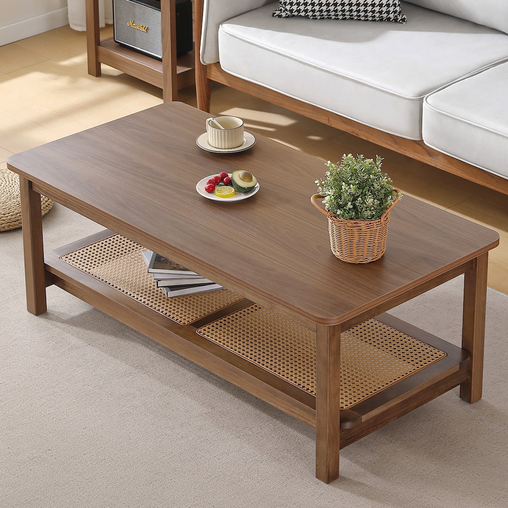 2-Tier Rectangular Coffee Table with Rattan Storage Shelf - 47.2"L x 23.6"W x 18"H