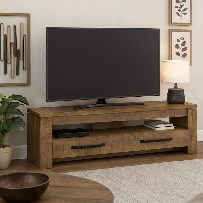 59 Inch TV Media Entertainment Console with 2 Drawers, Warm Wood Brown