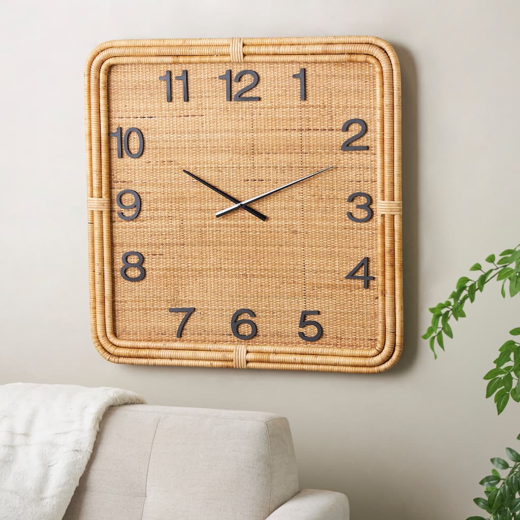 Brown Wood Handmade Woven Decorative Wall Clock with Rattan Wrapped Frame