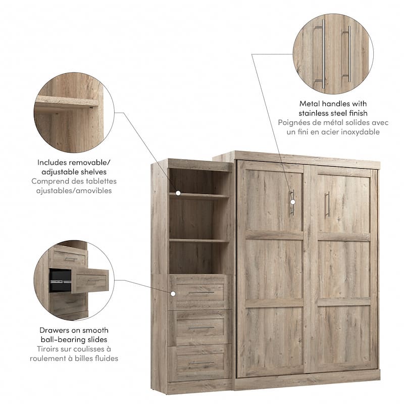 Bestar Pur Queen Murphy Bed with Shelving Unit and Drawers (90W)