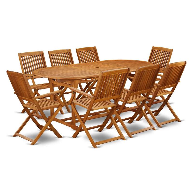 HomeStock 9-Piece Natural Oak Finish Solid Wood Top Dining Table with 8 Chairs with Lattice Back