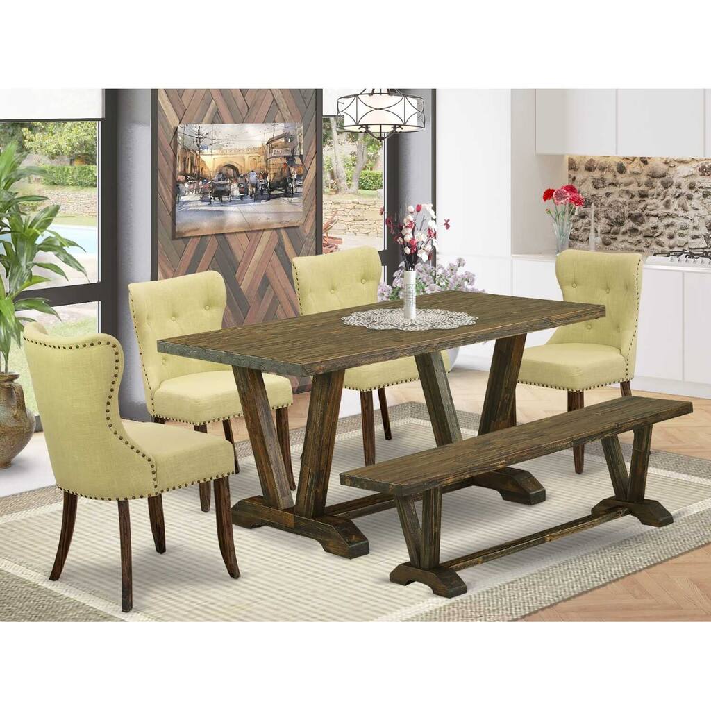 HomeStock 6-Piece Rectangle Distressed Jacobean Finish Solid Wood Top Dining Table with 1-Bench, 4-Chairs