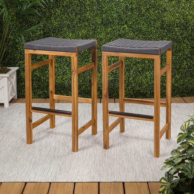Armand Backless Acacia Wood Outdoor Stool with Woven Rope Seat, (Set of 2) - Grey - Bar Height