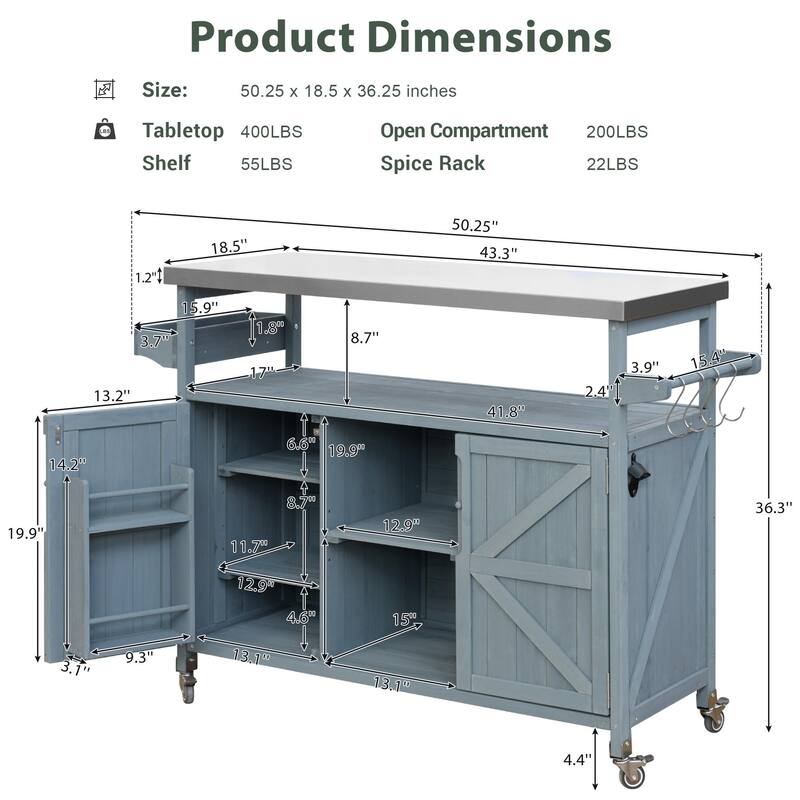 Chichoice Farmhouse Outdoor Kitchen Island with Stainless Steel Top on Wheels - Rolling Grill Cart with Storage for BBQ - N/A