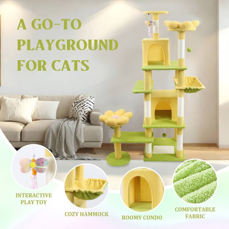 71 inch Flower Cat Tree With large Condo Removable Flower Cushion and Hammock