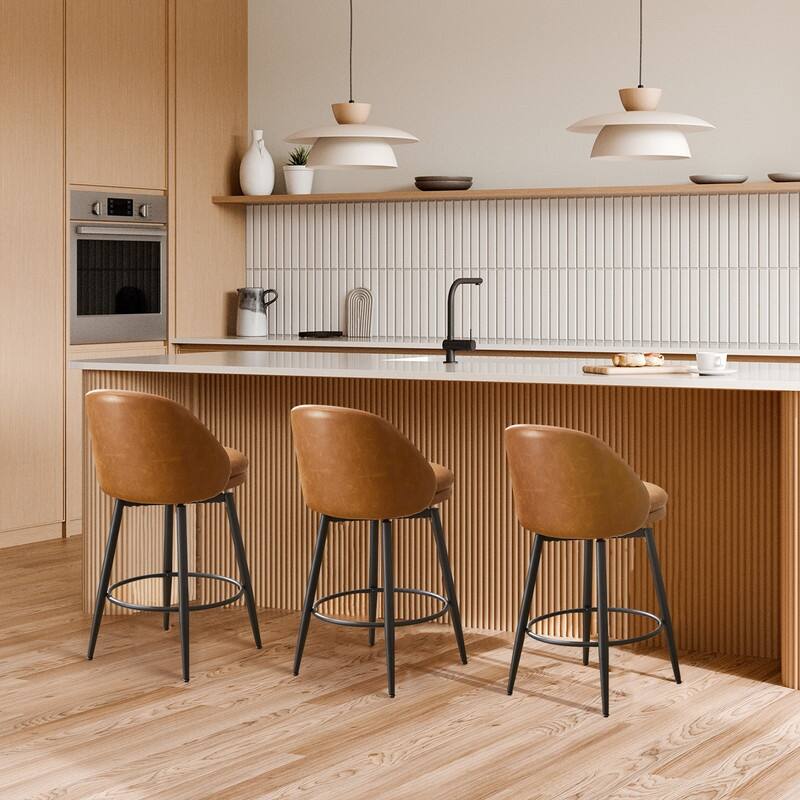 26" Swivel Leather Bar Stools Set of 2, Counter Height PU Leather / Linen Fabric Upholstered Barstool with Metal Legs