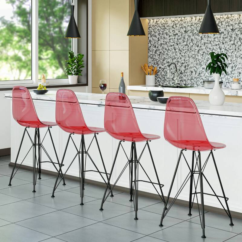 Cresco Acrylic Barstool in Brushed Black Steel Base with Ergonomic Seat, Footrest, & Floor Pads for Kitchen or Home Bar Set of 2
