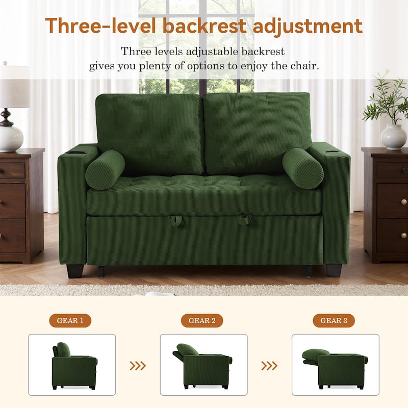 2 Set Corduroy Convertible Sleeper Sofa Bed Loveseats with Cup Holder, USB Ports