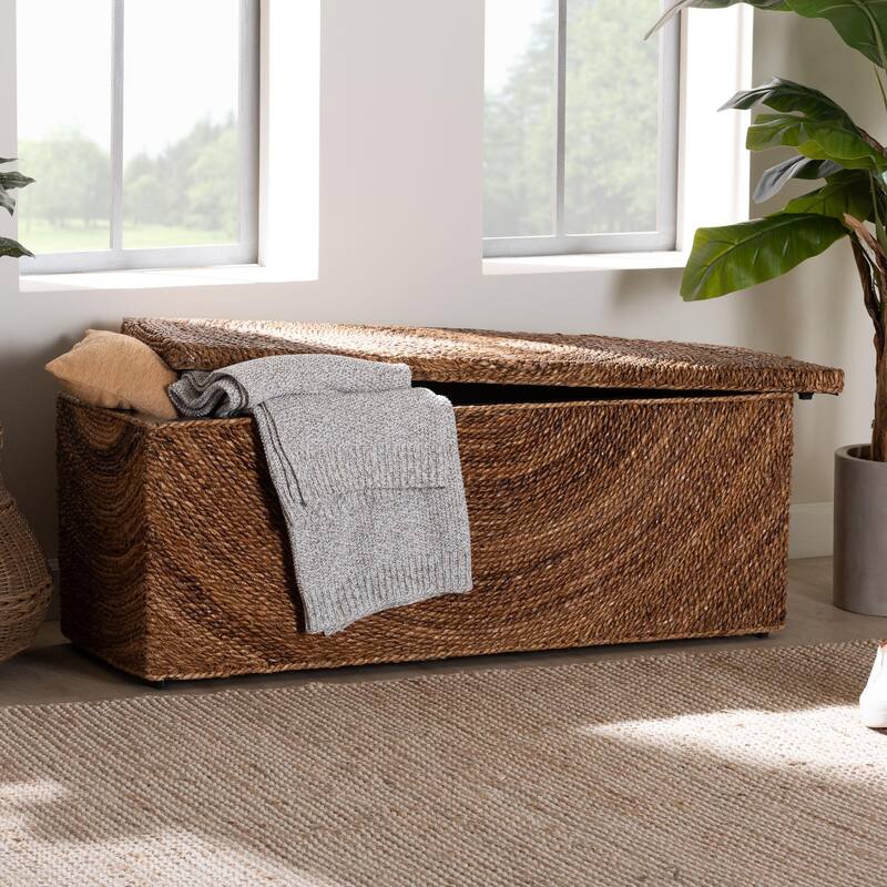 Verino Handwoven Seagrass Storage Bench with Removable Lid - Rustic Wicker Trunk Chest for Entryway, Living Room, or Bedroom