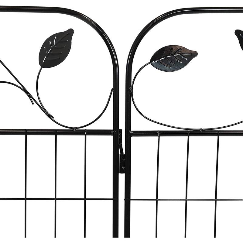 10ft Steel Garden Fencing Panels with Leaf Design Black Powder Coated Yard Border with Stakes - 120.5" W x 36" H