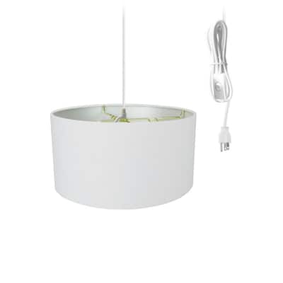1 Light Swag Plug-In Pendant 16"w White Linen Drum Shade, 17' White Cord