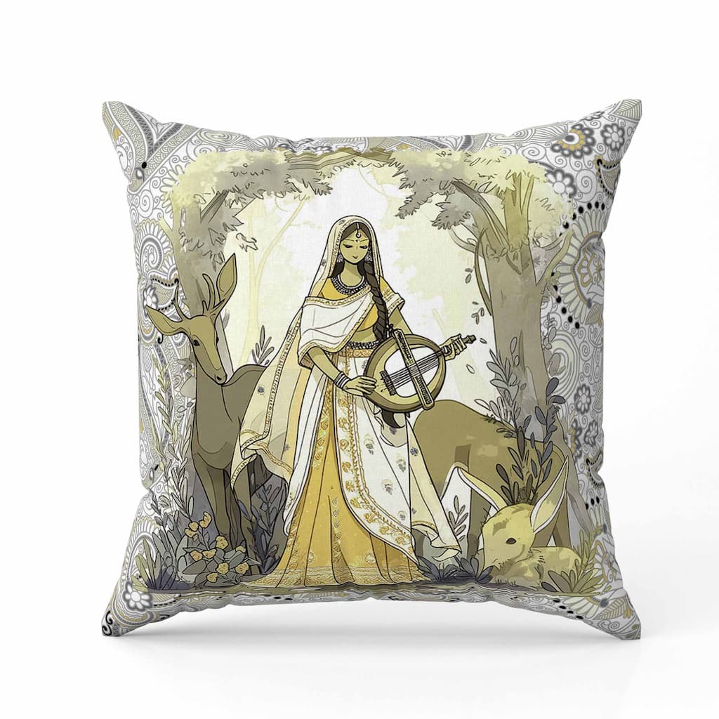 Forest Melodies Indoor/Outdoor Reversible Throw Pillow White and Yellow