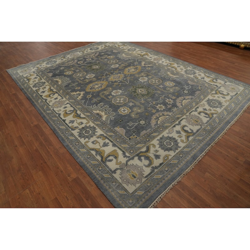 Handmade Grey Floral Oushak Indian Area Rug, Transitional Wool Carpet - 11' 10'' X 9' 0''