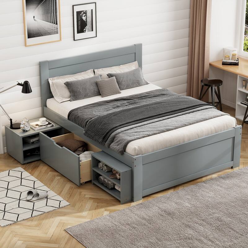 Platform bed with drawers and two shelves
