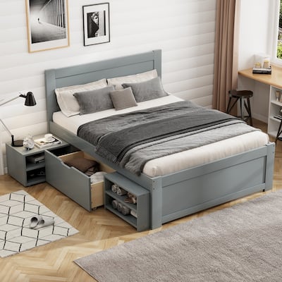 Platform bed with drawers and two shelves