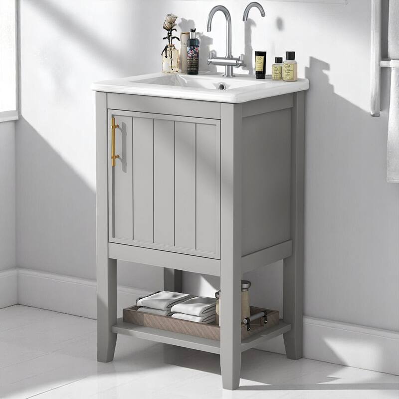 20" Bathroom Vanity Cabinet with Ceramic Sink, Soft Close Door, Storage Rack and Open Shelf - Grey