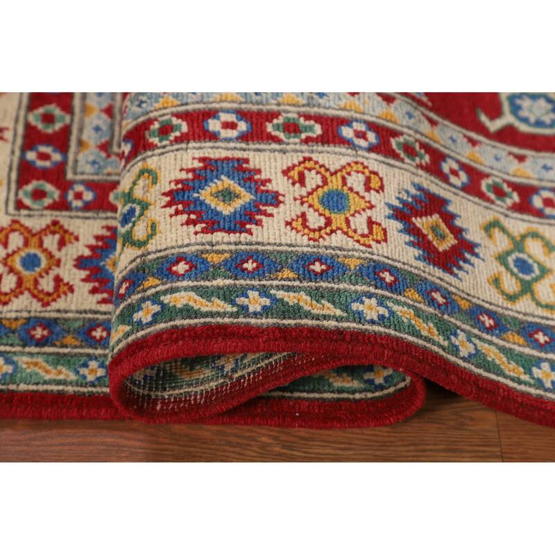 Red Geometric Kazak Oriental Foyer Rug Hand-Knotted Wool Carpet - 3'4" x 5'0"
