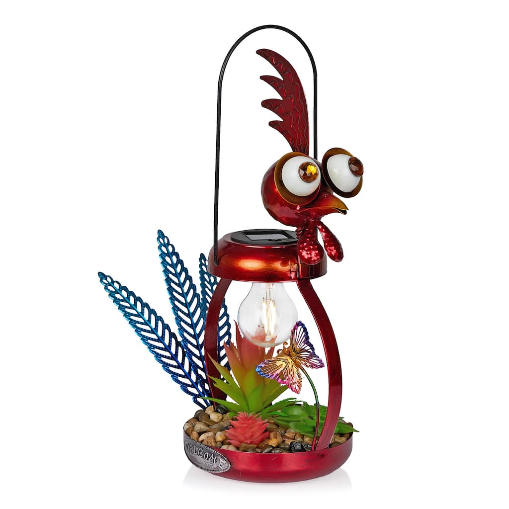 Solar Metal Silly Rooster with Garden and LED Decor