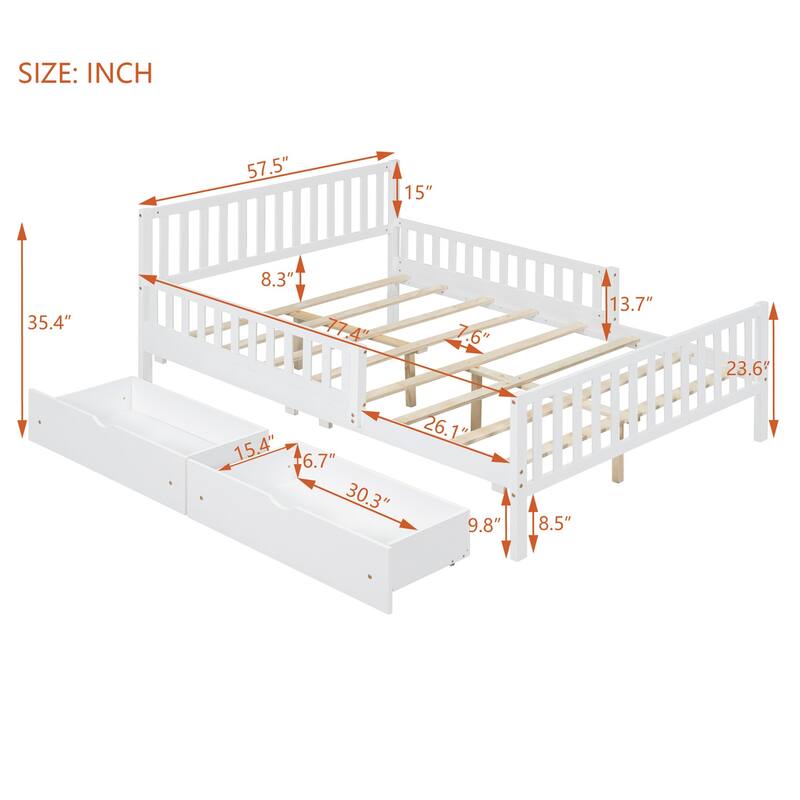Solid Wood Platform Bed Frame with Guardrail, Drawer