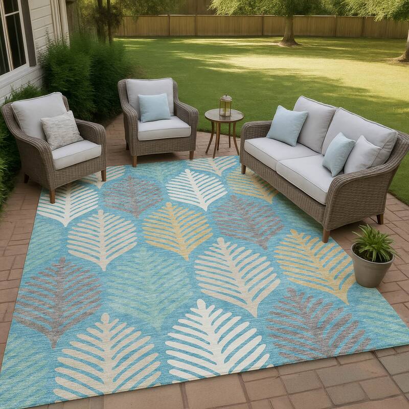 Machine Washable Indoor/ Outdoor Modern Fern Chantille Rug - Teal - 3' x 5'