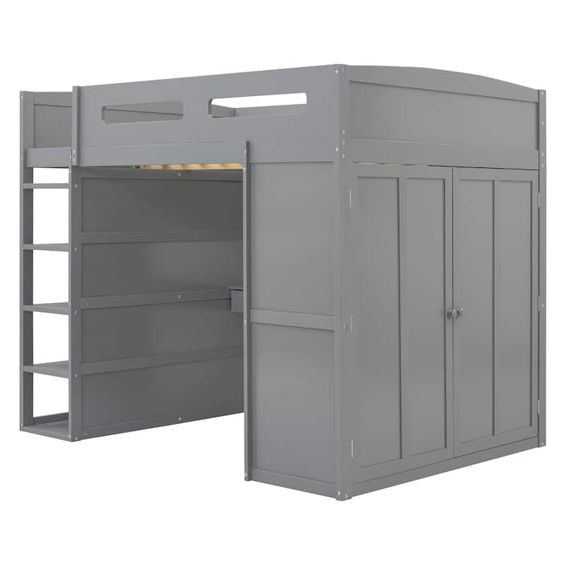 Loft Bed with Desk, Wardrobes, 4 Drawers and 4 Shelves