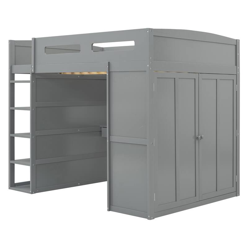 Twin/Full Size Loft Bed with Bulit-in Wardrobes, Desk and 4 Drawers, Solid Wood Loft Bedframe with 4-Tier Storage Shelves