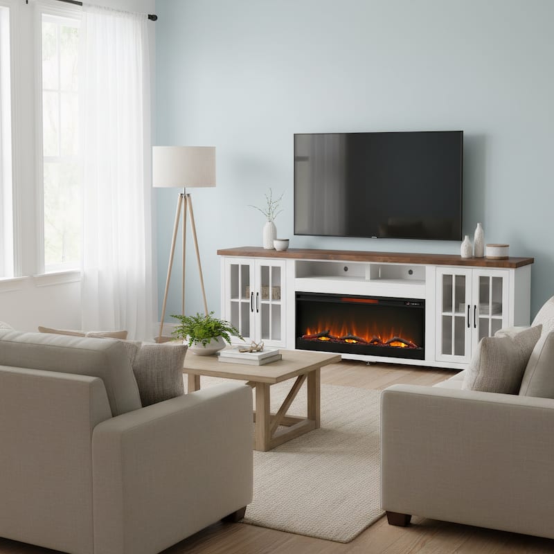 Bridgevine Home Modern Farmhouse 97 inch Fireplace TV Console for TVs up to 100 inches, Two-Tone Finish