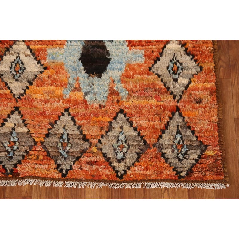 Geometric Orange Moroccan Oriental Runner Rug Handmade Wool Carpet - 2'9" x 9'9"
