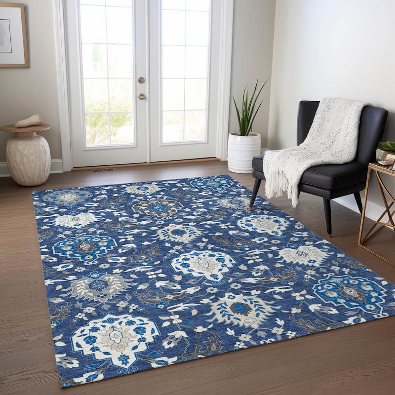 Machine Washable Indoor/ Outdoor Traditional Kashan Chantille Rug - Navy - 9' x 12'