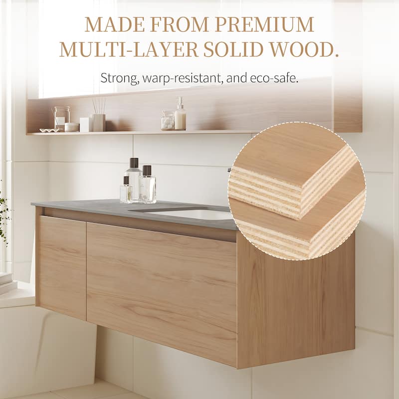47.24 Single Bathroom Vanity, Modern, Gray Stone Stop, Light Solid Wood