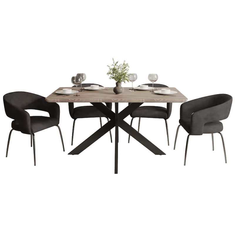 Ravenna 5-Piece Dining Set 63-Inch Rectangular MDF Tabletop Dining Table and 4 Arm Chairs - Charcoal Velvet